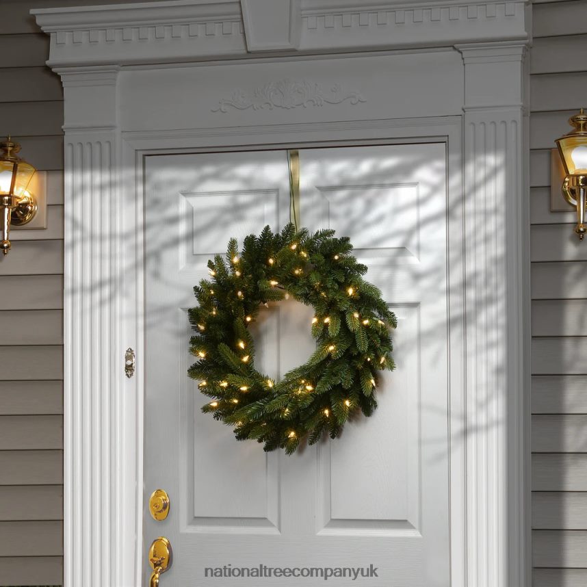 Greenery | National Tree Company Pre-Lit Artificial Christmas Wreath Green Grande Fir White Lights Christmas Collection 24 Inches F2L4F273